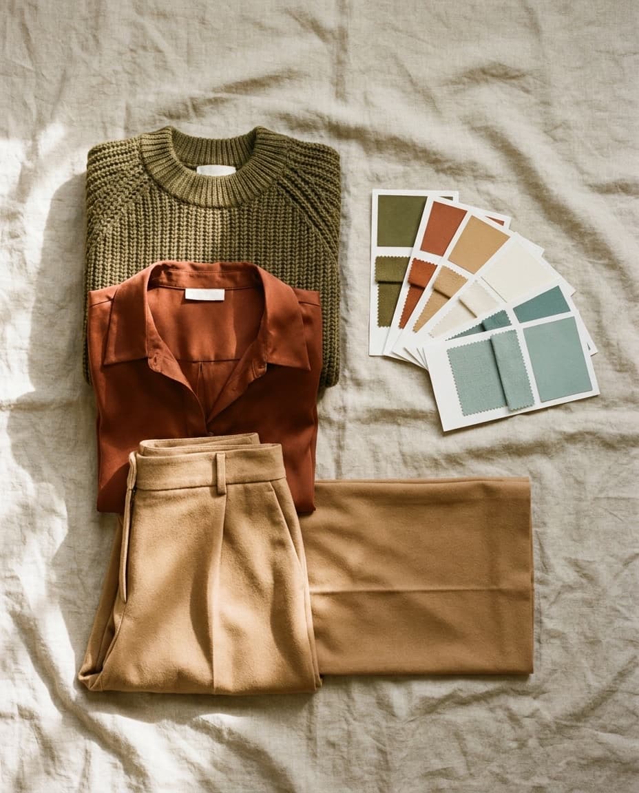 Flat lay of folded knitwear, a silk blouse, and trousers in a soft-autumn palette beside fanned color swatch cards