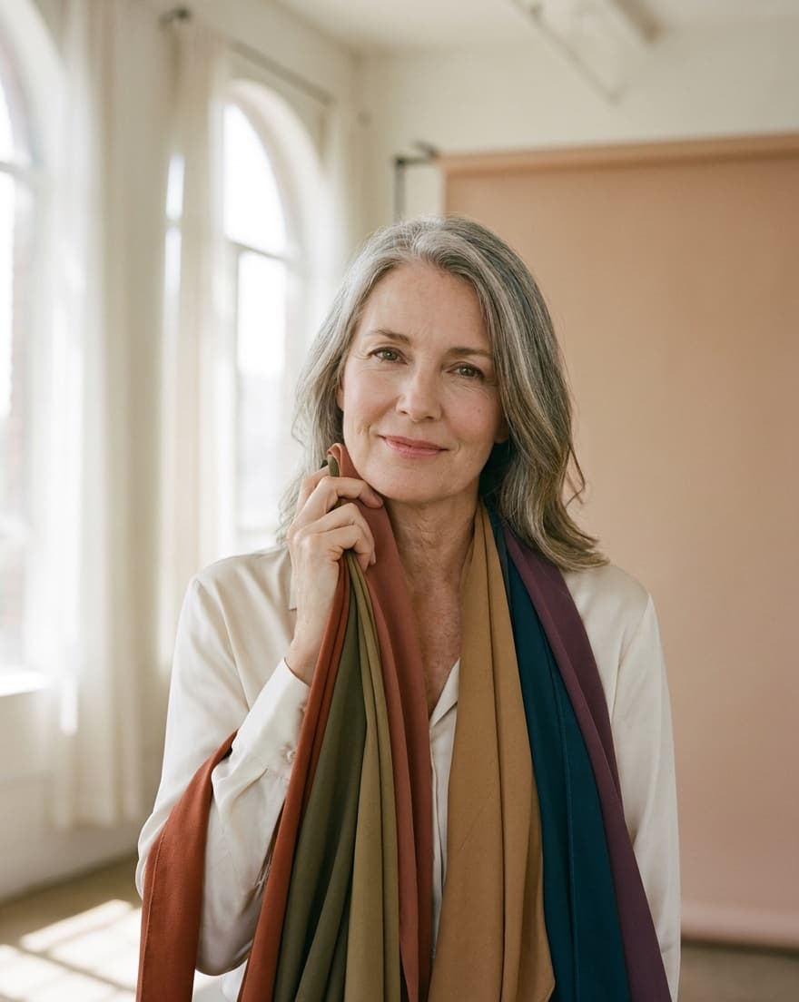 Woman in her fifties holding fabric color drapes in rust, olive, camel, teal, and plum against her collarbone